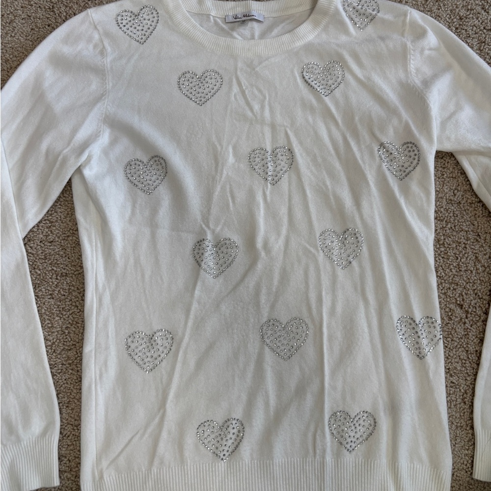 Milano White Sweater with Rhinestone Heart Details